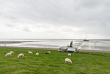 HDD-Bohrung zur Deichquerung des Landesschutzdeichs Büsum: Blick vom Deich zum wattseitigen Bohraustritt