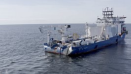 Seekabelverlegung von NordLink in der deutschen Nordsee mit dem Kabelverlegeschiff NKT Viktoria im Mai 2019.